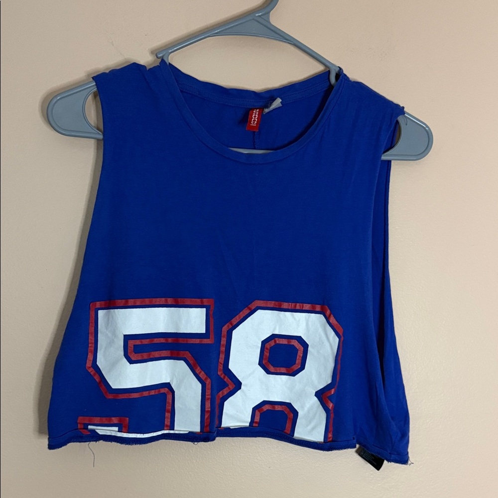 H&M Blue Sleeveless Crop Top with White and Red '58' Graphic